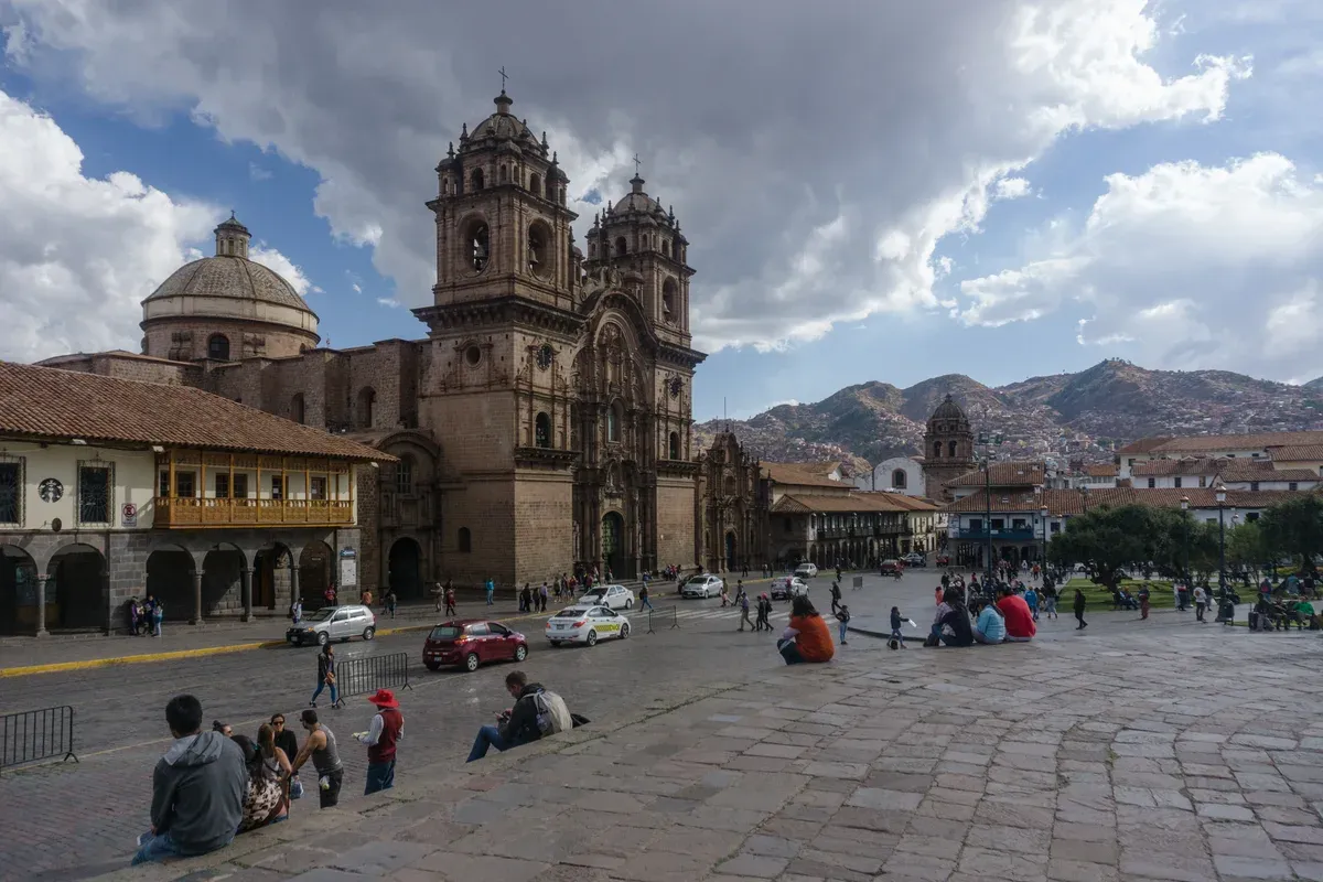 The Plaza de Armas of Cusco seen from the cathedral, on the Salkantay trek route