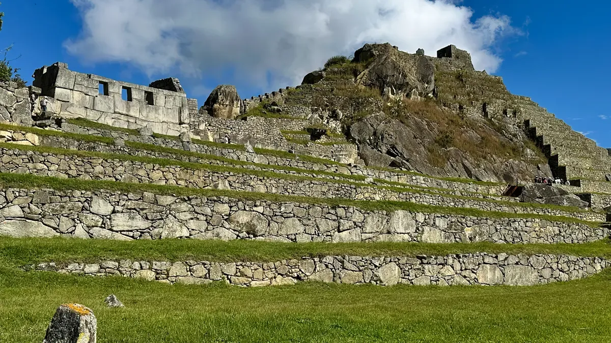 The Temple of the Three Windows and the Intihuatana hill at Machu Picchu, on the Salkantay trek route